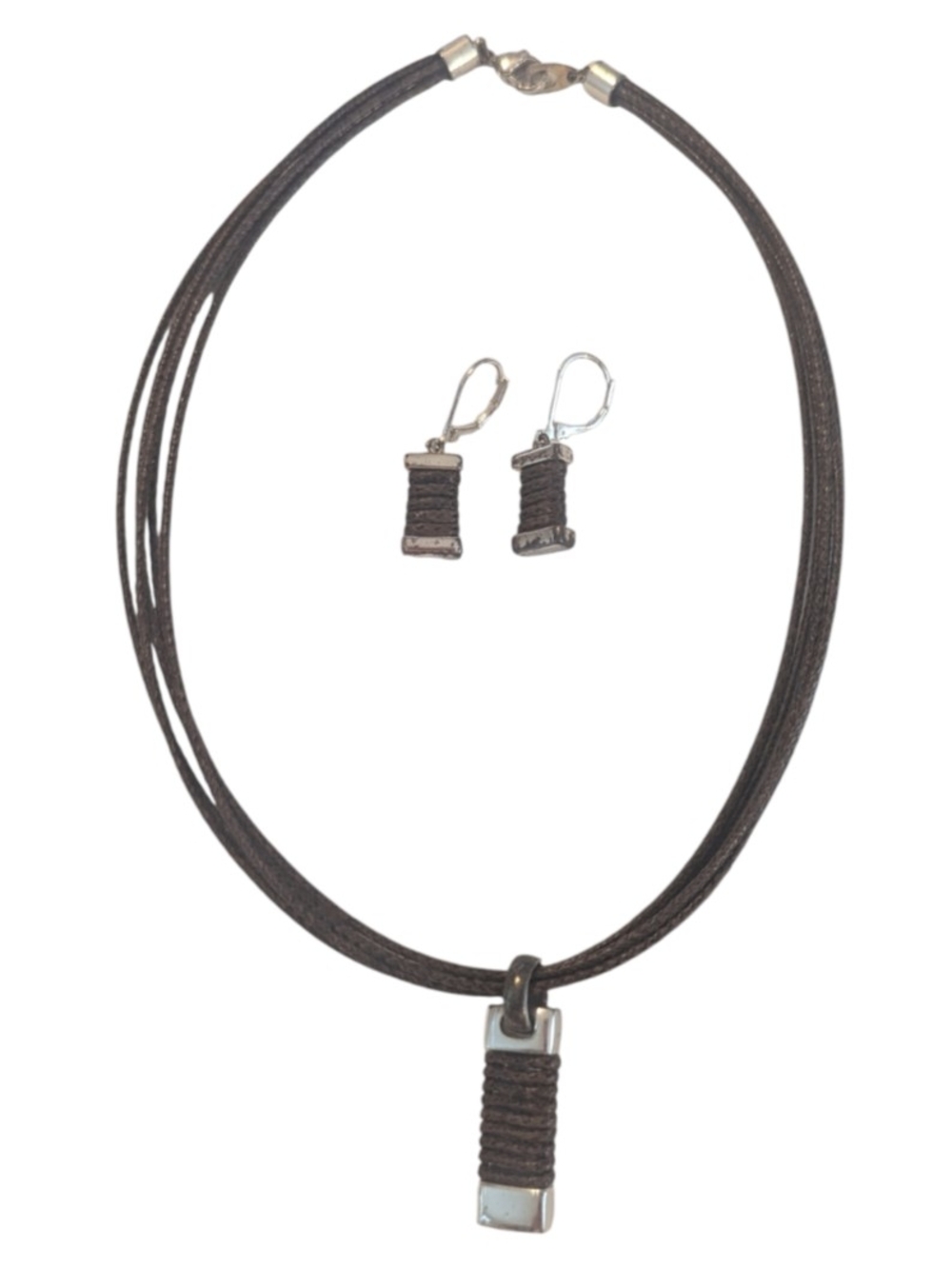 VTG, Modern Brown Faux Leather Wrapped Cord SilvPendant Necklace &  Earring Set